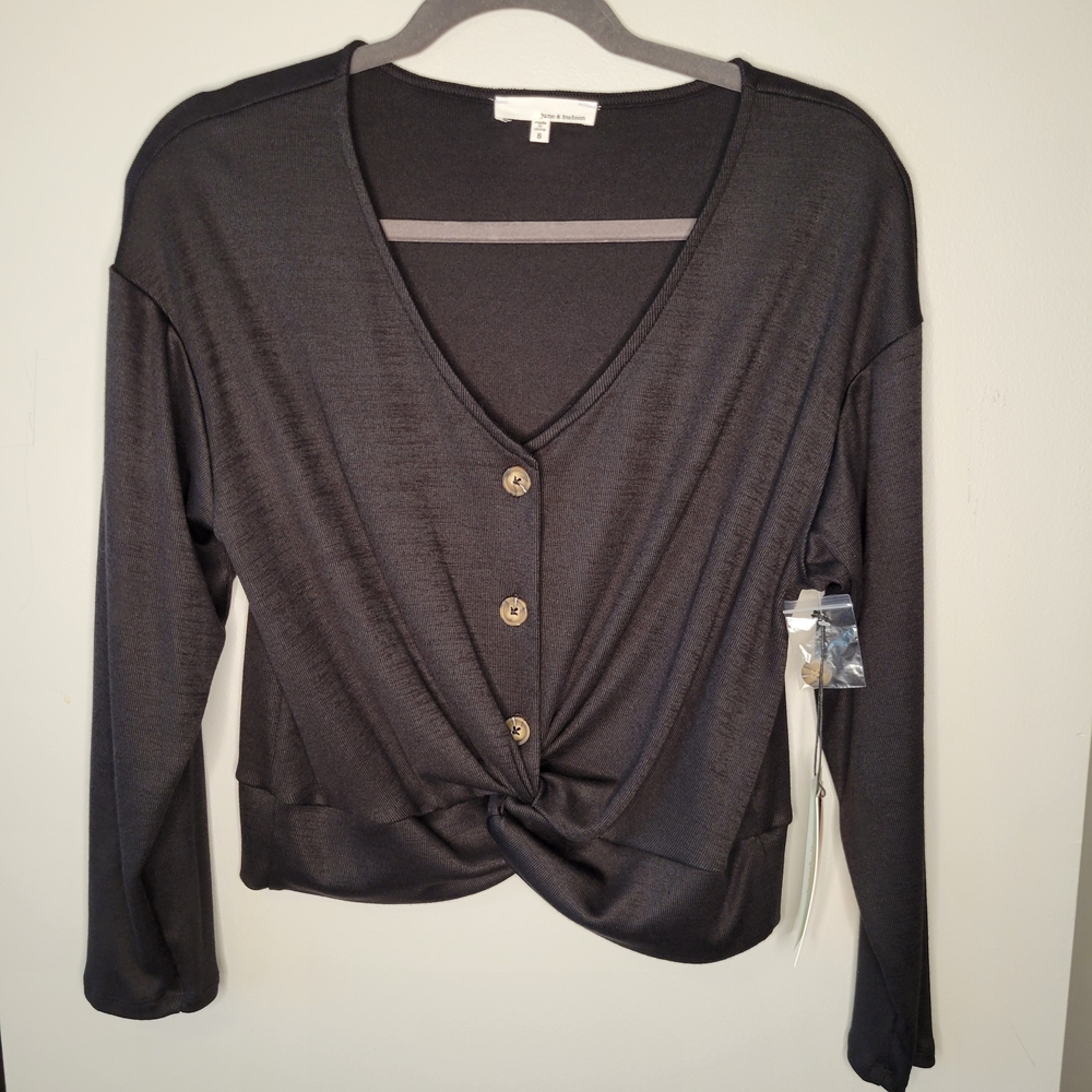 June & Hudson Women’s Charcoal Button Down Twist Front Shirt Size S Chic